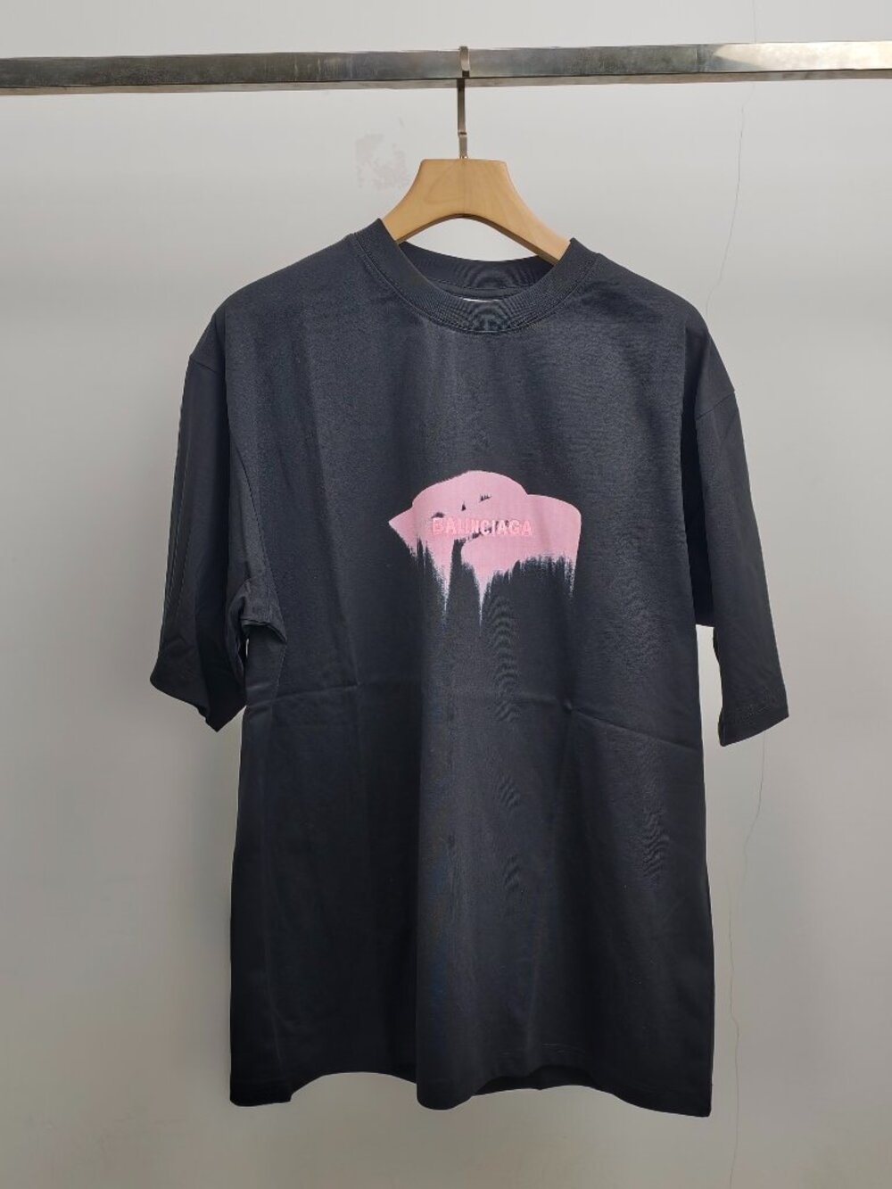 Balenciaga Black Pink Paint Drip Logo Oversized T-Shirt Size L